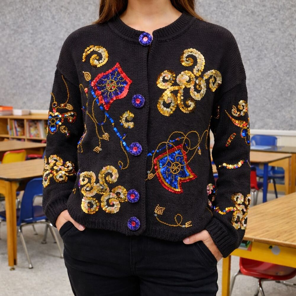 Vintage Lisa Ashley Sequin Cardigan Sweater Black Size M